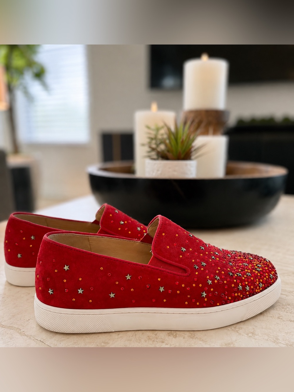 CHRISTIAN LOUBOUTIN
Red Suede Crystal Star Embellished Dolcita Boat Sneakers S7 - Picture 6 of 6